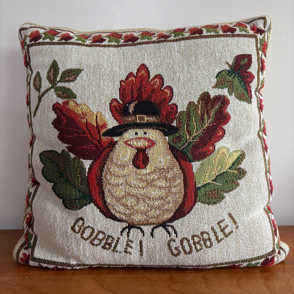 Thanksgiving Turkey Gobble Gobble Woven Tapestry Throw Pillow Autumn Decor Tan
